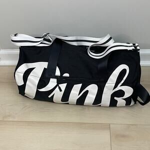 Victoria's Secret PINK Black & White Script Logo Duffle Bag Gym Travel Weekender